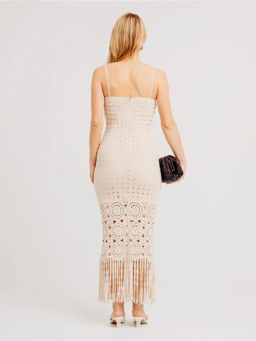 NWT Torn by Ronny Kobo Collection Cream Crochet Fringe Midi Dress $208 - Picture 3 of 9